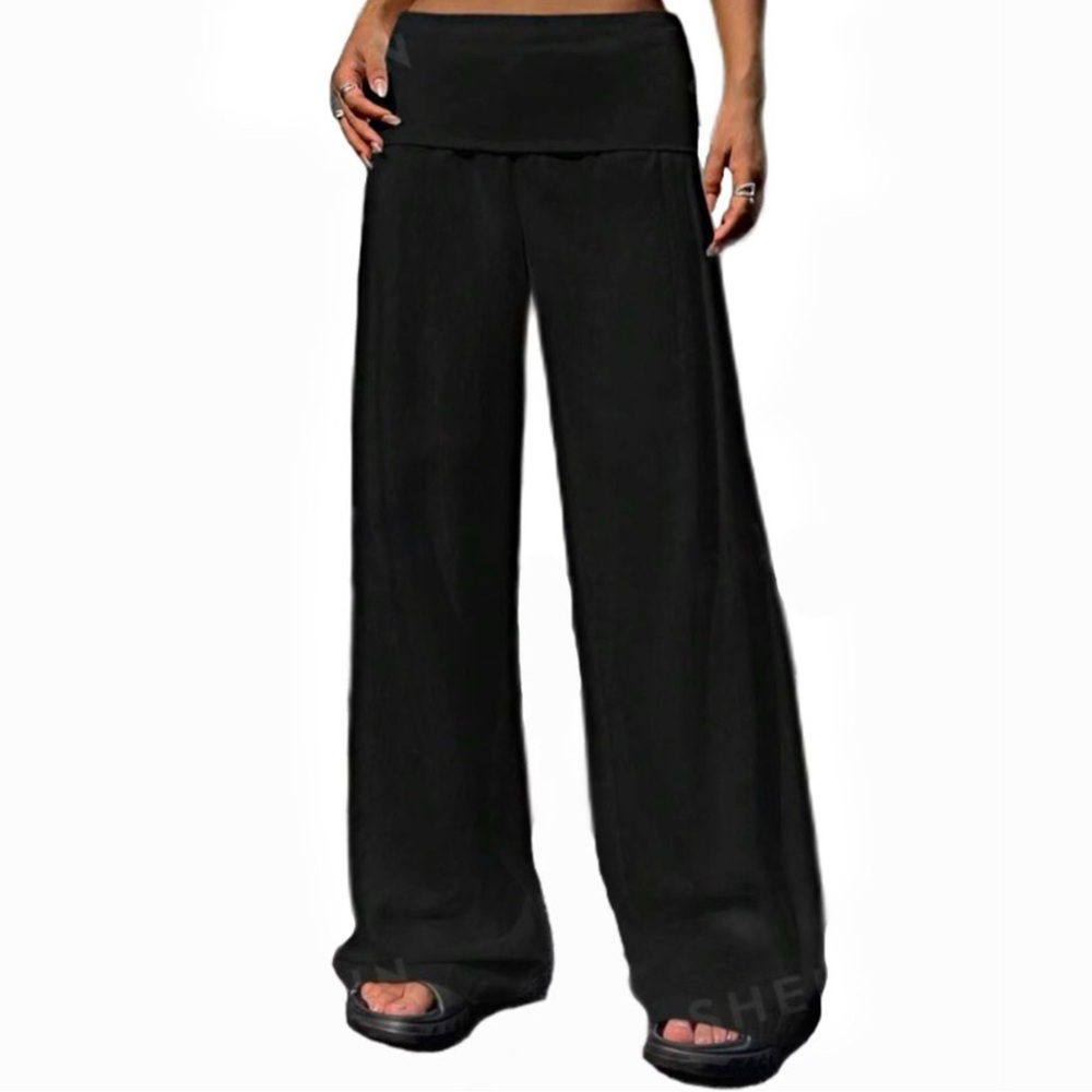 S Twelve Big Wide Flowy Black Yoga Pants w/ Fold Over Waist & Thick Fabric
